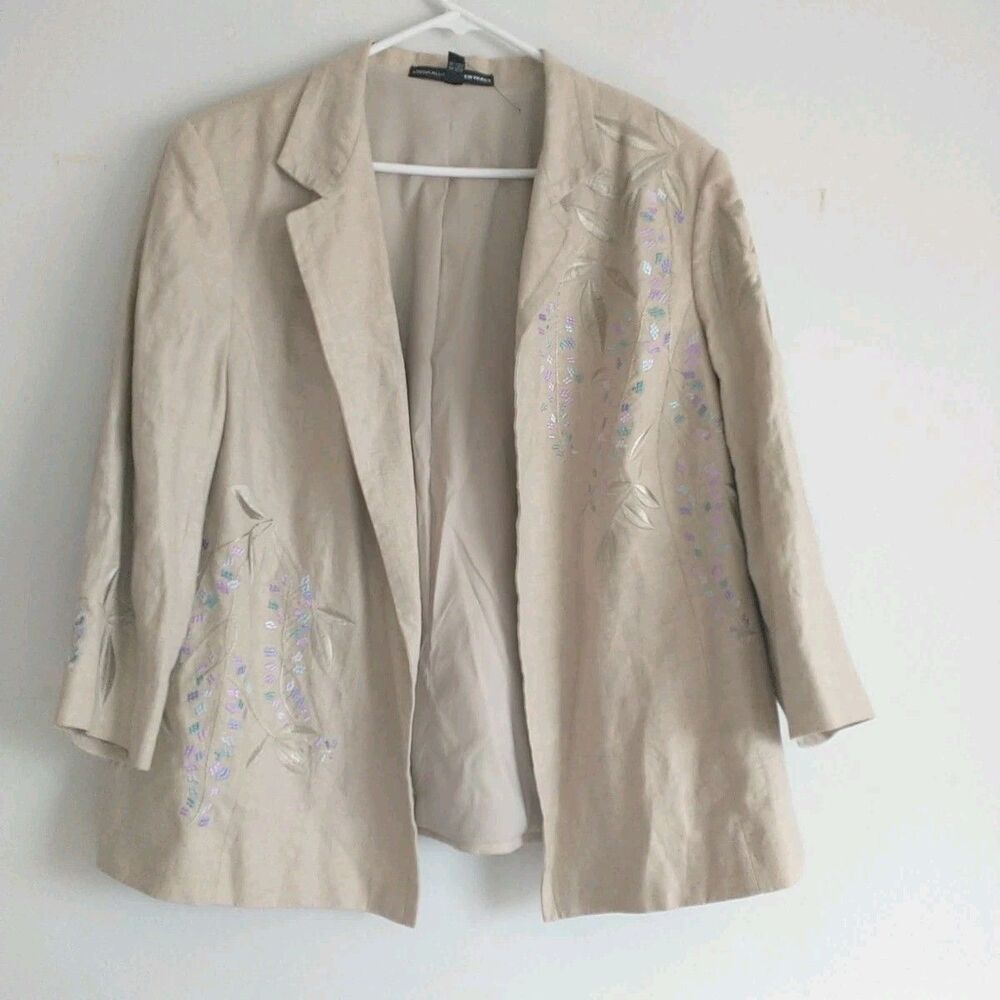 Linda Allard Ellen Tracy Jacket Blazer 18 Beige Embroidered Linen Cottagecore